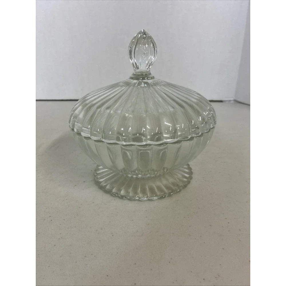Vintage Clear Ribbed Pressed Glass Footed Candy Dish with Lid Scalloped Pedestal
